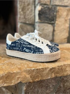 Karl Lagerfeld Navy and White Logo Espadrille Platform Sneakers